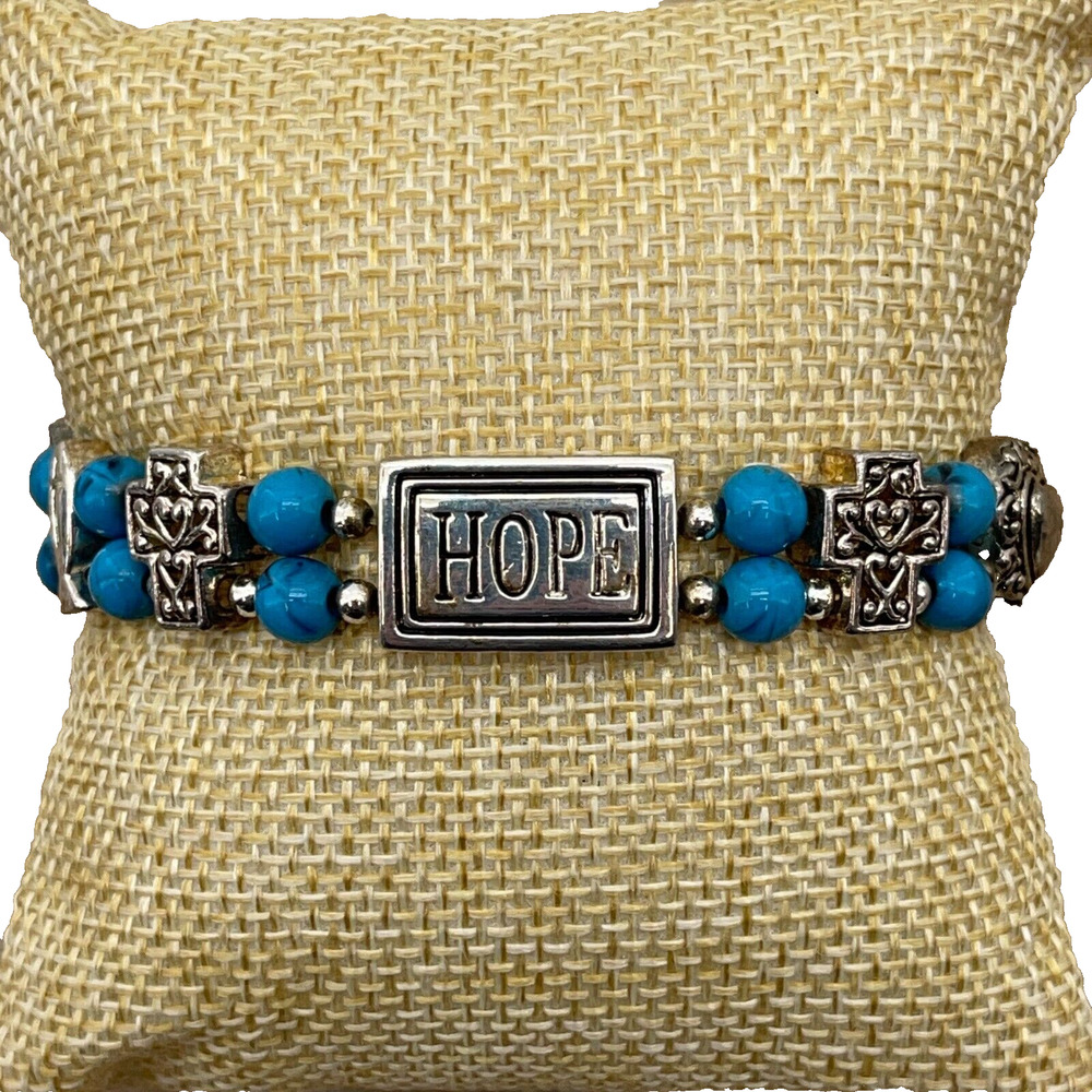 Silver-Toned Hope Love Faith Charm Bracelet with Turquoise Beads